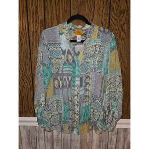 Women's Ruby Rd. Blouse L Green Yellow Paisley NWOT